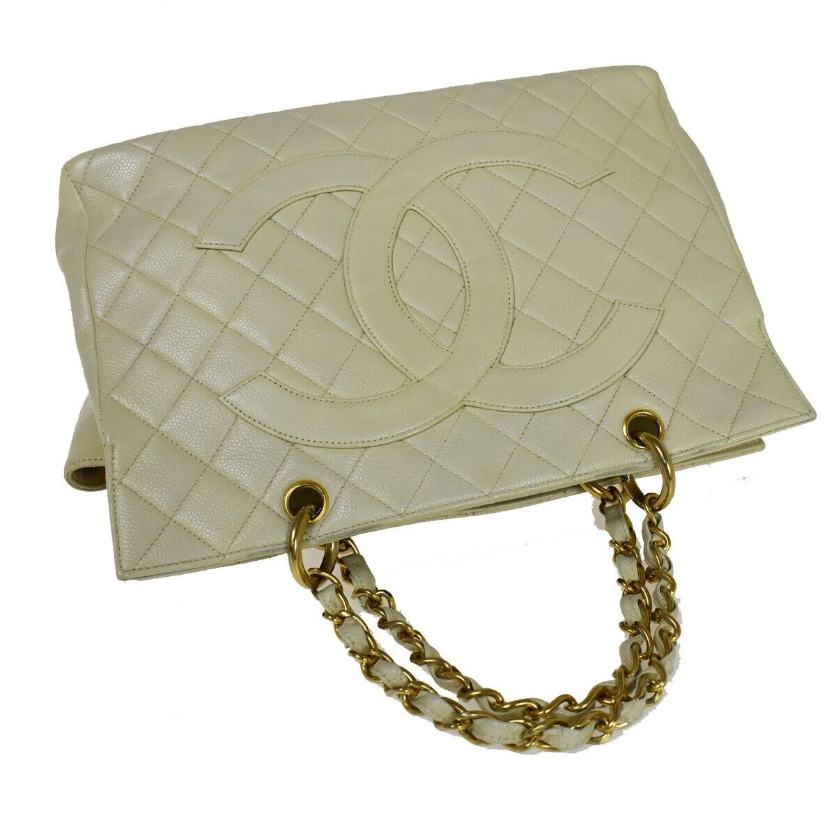 CHANEL CC Matelasse Chain Shoulder Tote Bag Caviar Leather Ivory GHW 49FA171