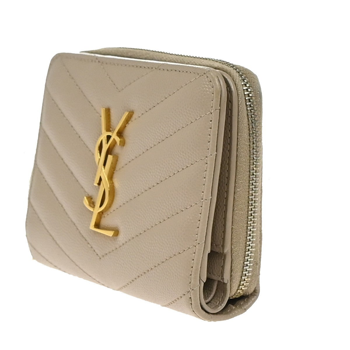 SAINT LAURENT YSL Logo Compact Bifold Wallet Leather Beige GHW Italy 38KB109