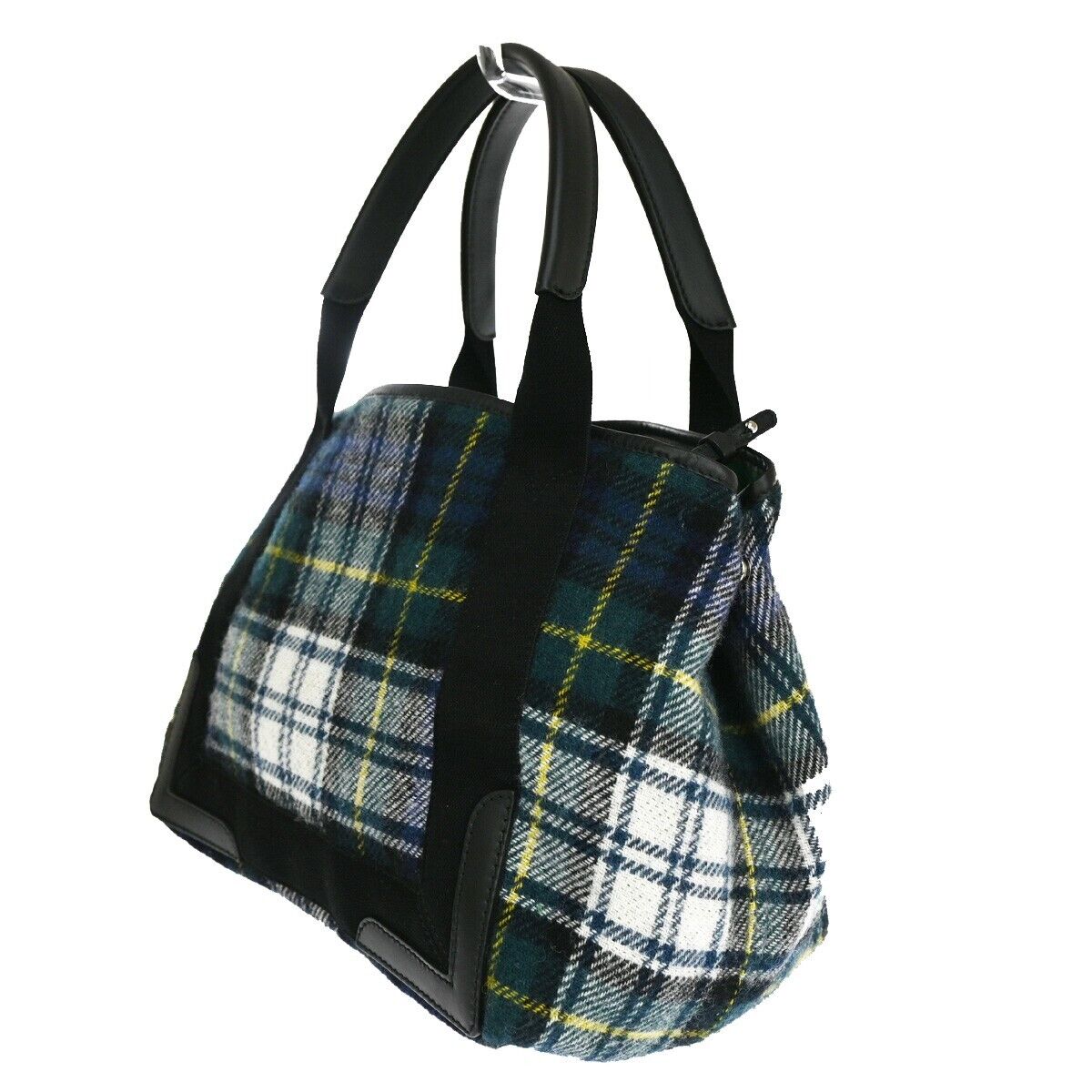 BALENCIAGA NAVY Cabas S Shoulder Tote Bag Check Pouch Wool Leather GN BK 75YC423