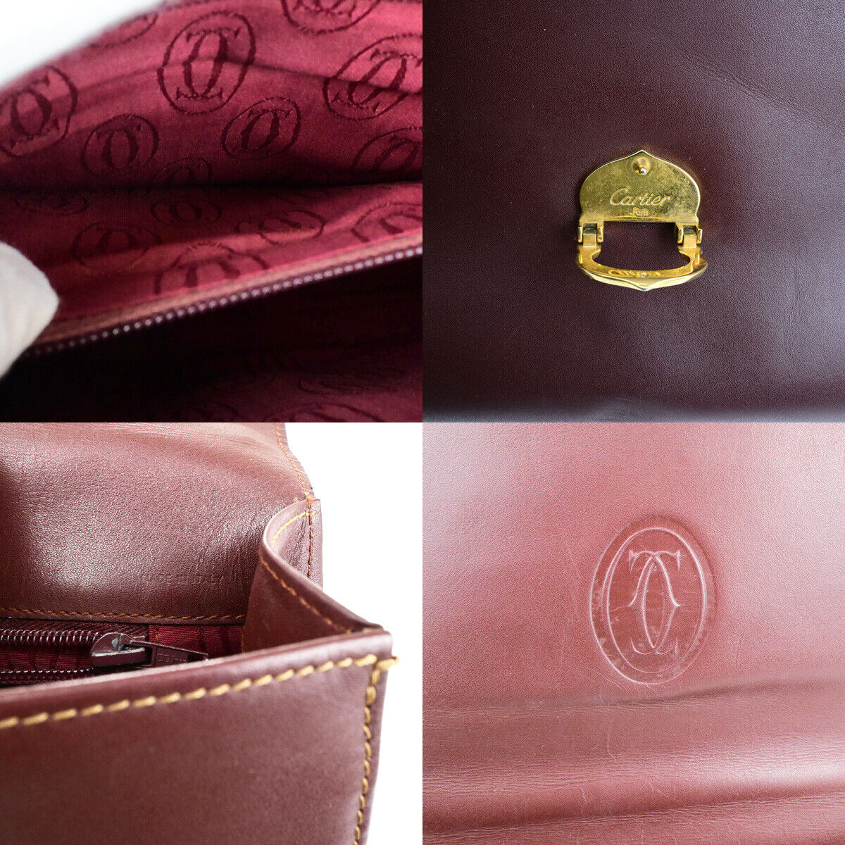 MUST DE CARTIER 2C Logo Hand Bag Leather Bordeaux GHW Spain 09YG298