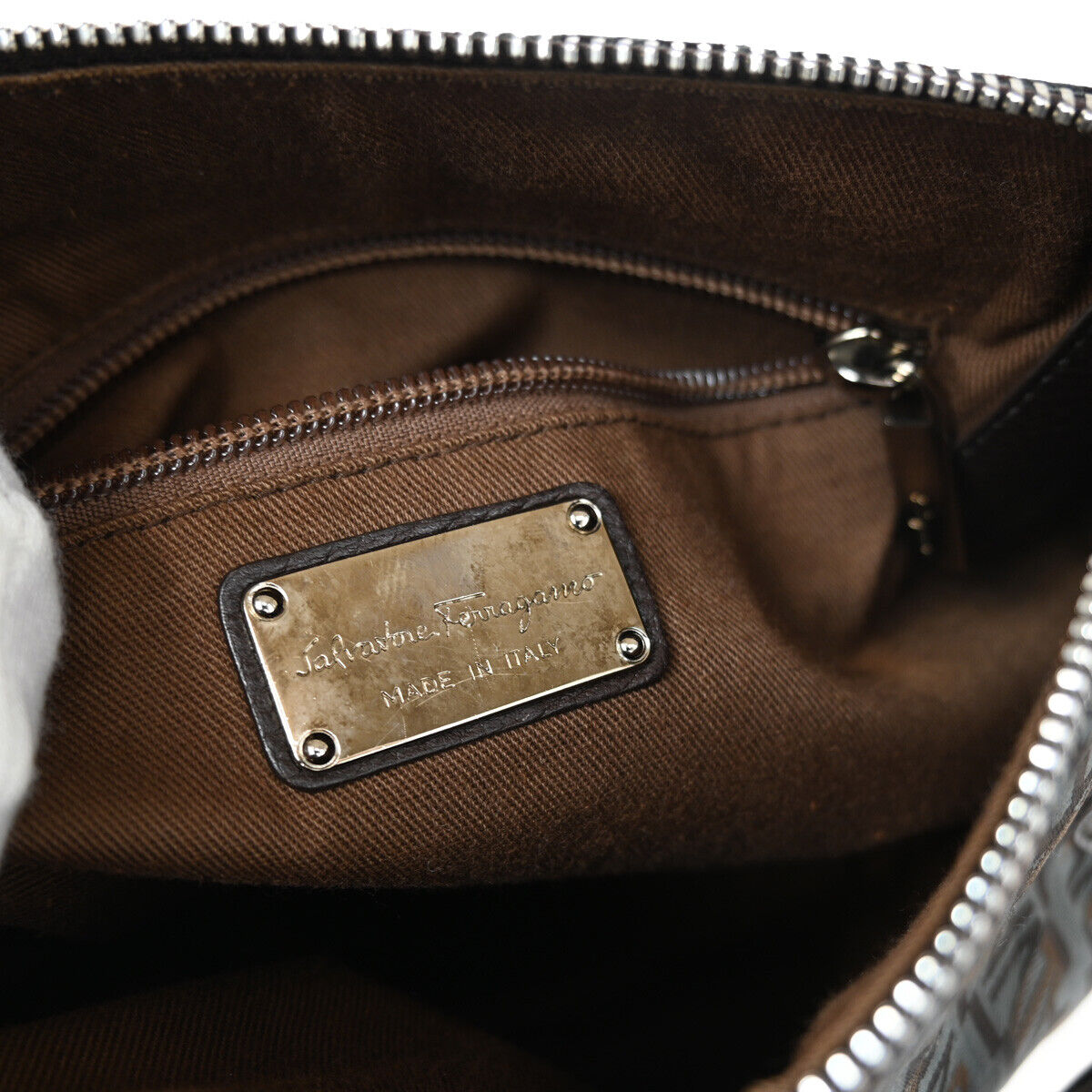 SALVATORE FERRAGAMO Gancini Shoulder Bag Canvas Leather Brown SHW Italy 04KA170