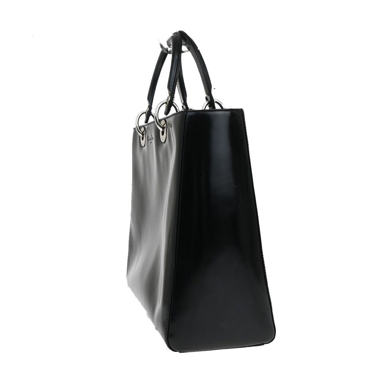 CHRISTIAN DIOR Lady Tote Hand Bag Patent Leather Black Silver Italy 12SH744