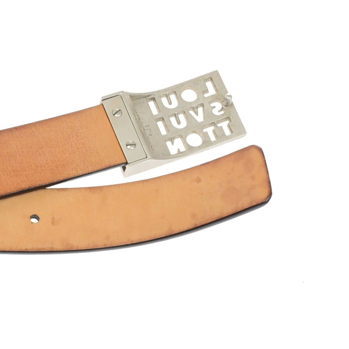 LOUIS VUITTON Logo Ceinture LST Belt Leather Brown Silver M6809 Spain 60EE095