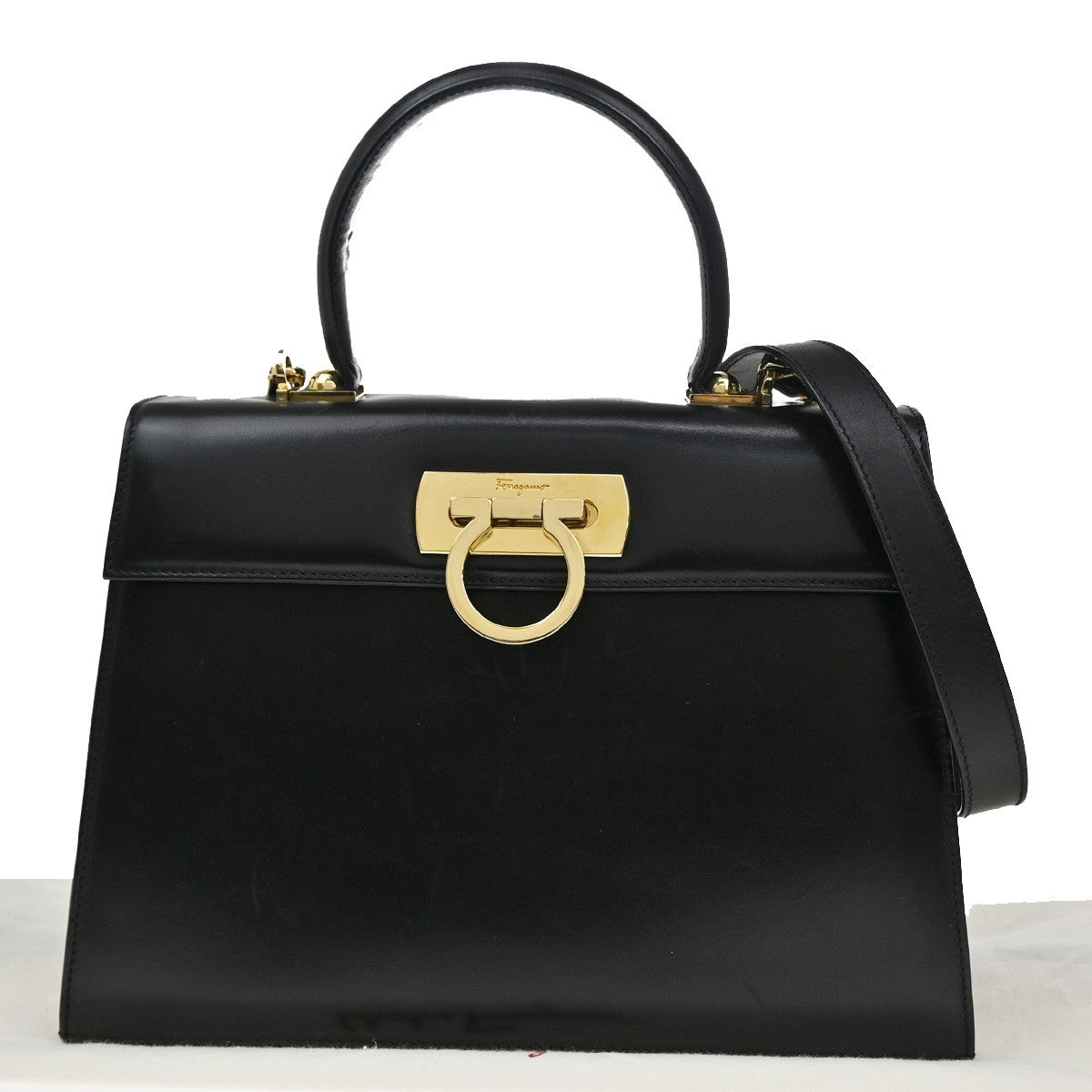 SALVATORE FERRAGAMO Gancini 2Way Shoulder Hand Bag Leather Black GHW 76RL108