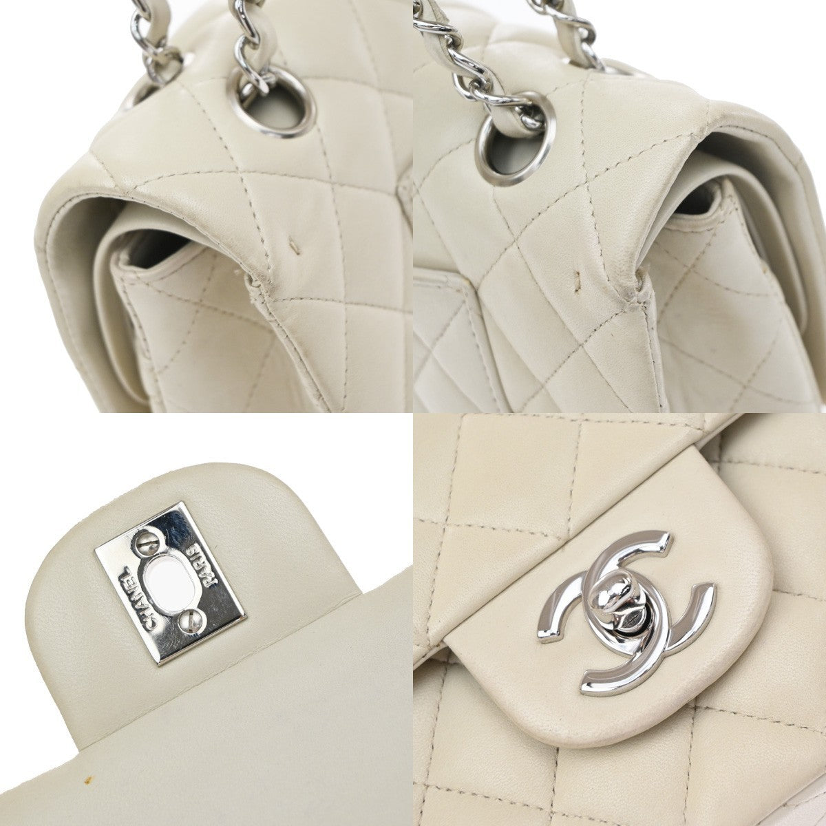 CHANEL CC Matelasse 25 Double Flap Chain Shoulder Bag Leather White SHW 700RP187