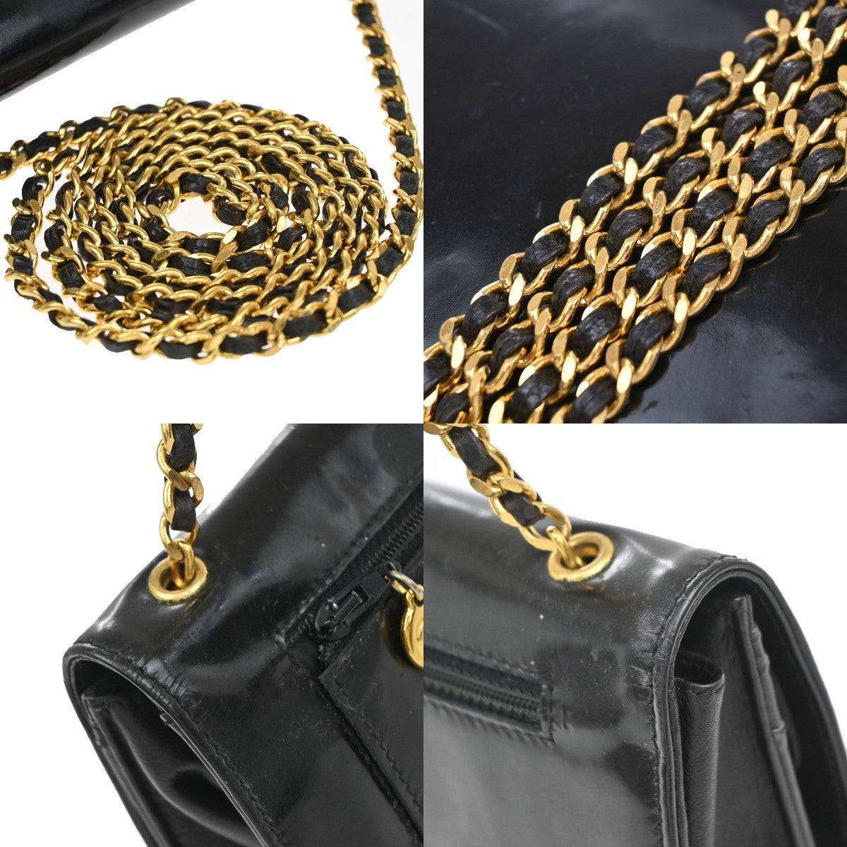 CHANEL CC Logo Mini Chain Wallet Shoulder Bag Patent Leather Black GHW 76RF666