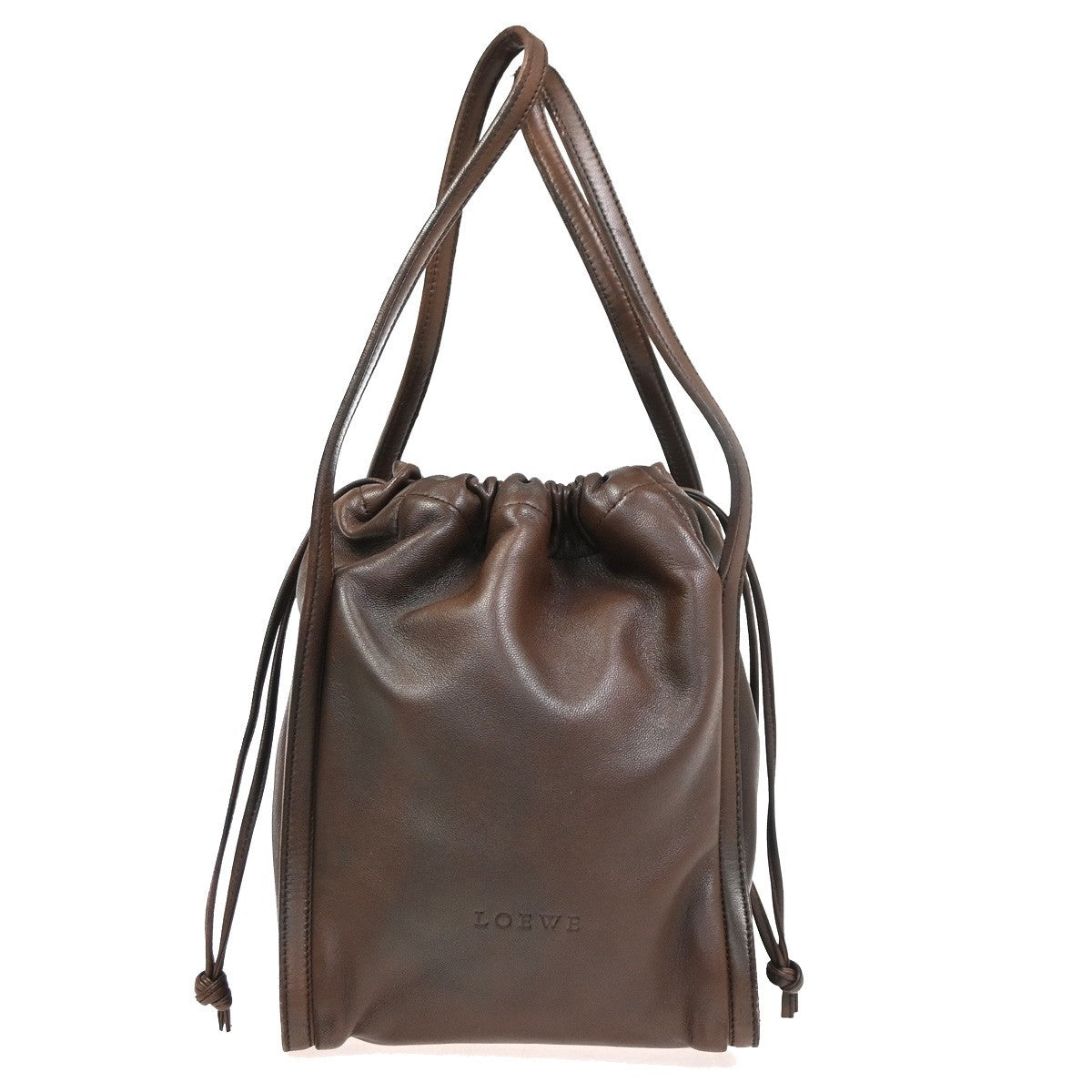 LOEWE LOGO Drawstring Shoulder Hand Bag Leather Brown GHW 38CA960