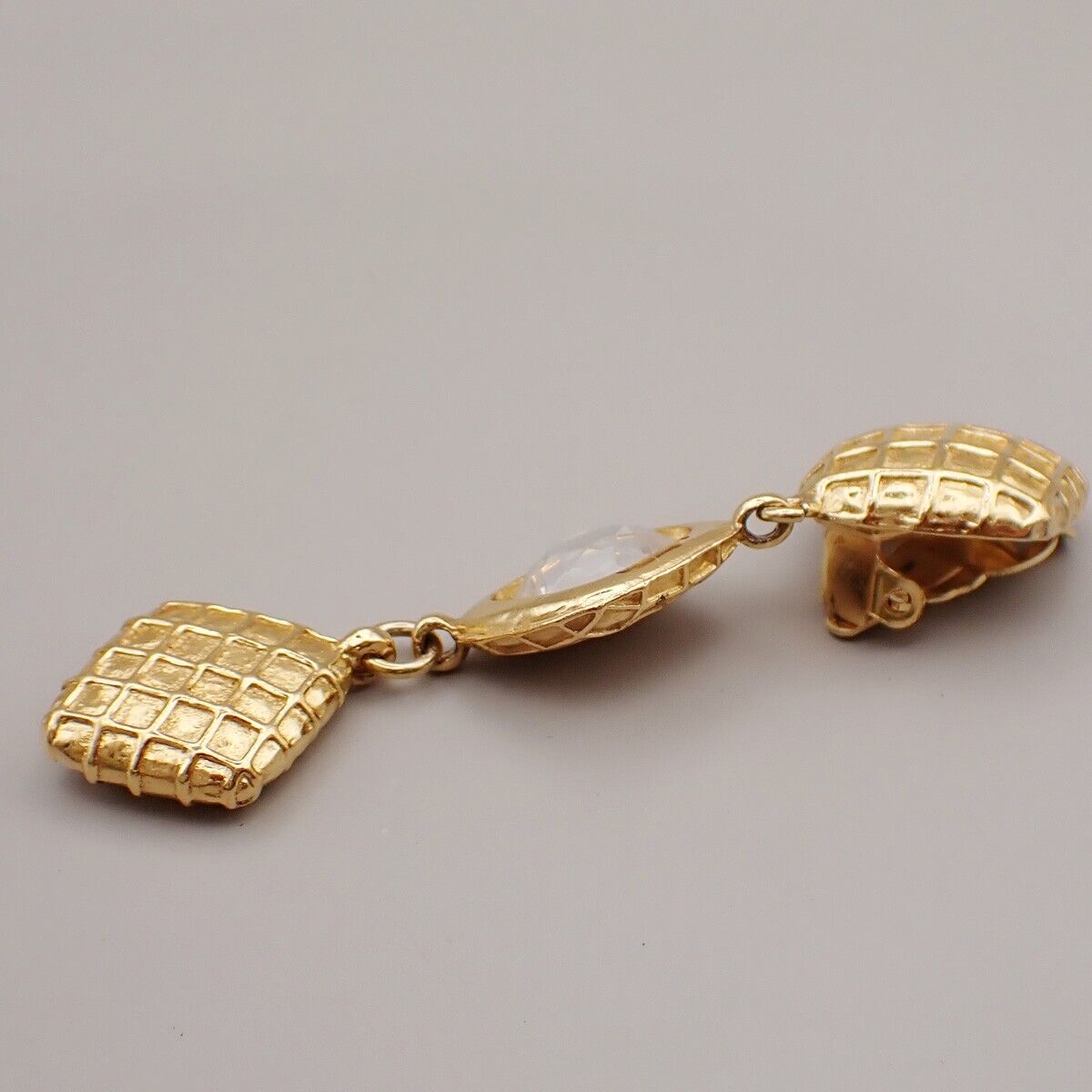 CHANEL Matelasse Diamond Shape Drop Earrings Rhinestone Clip-On Gold 73RL067