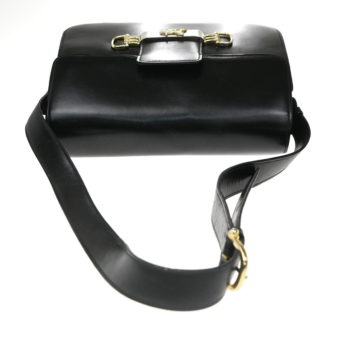 CELINE PARIS Logo Horse Carriage Shoulder Bag Leather Black Gold Italy 38CA739