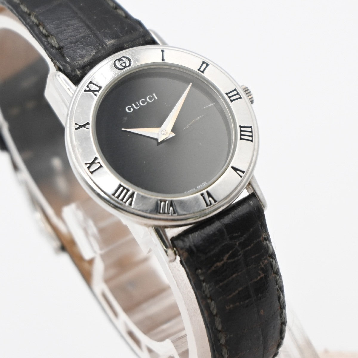 GUCCI 3000L Watch Quartz 25 mm Stainless Steel Embossing Leather Black 05LC590