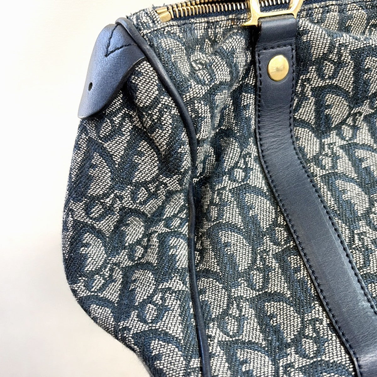 CHRISTIAN DIOR Logo Trotter Pattern Hand Bag Canvas Leather Navy Blue 93YH969