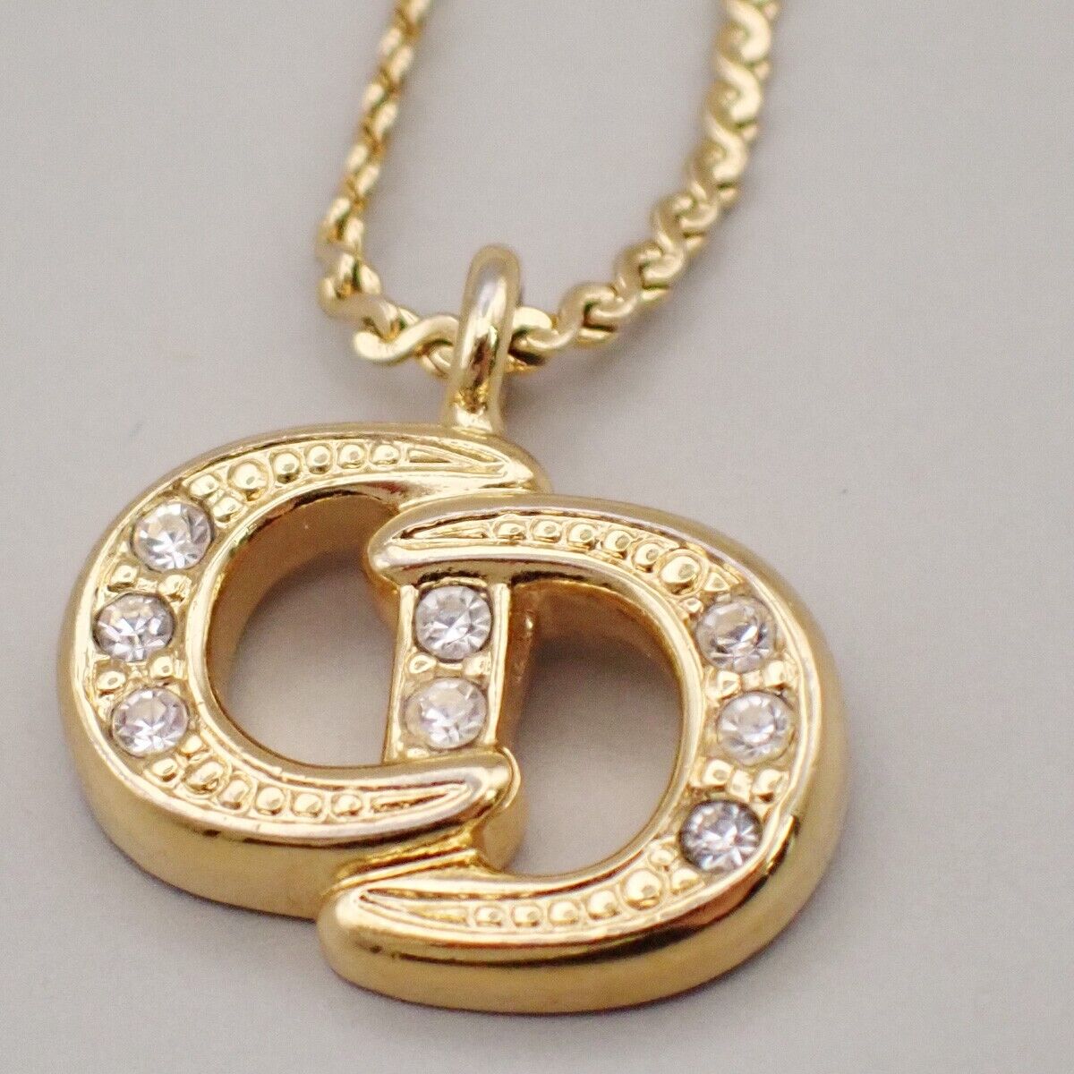 CHRISTIAN DIOR CD Logo Rhinestone Pendant Necklace Gold 02ED444