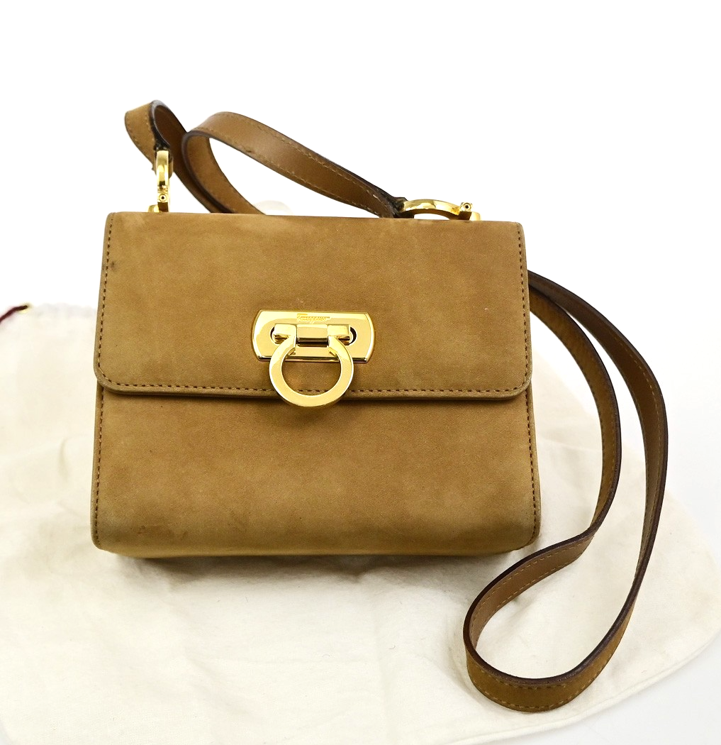 SALVATORE FERRAGAMO Logo Gancini Mini Shoulder Bag Suede Leather Beige 36KD112
