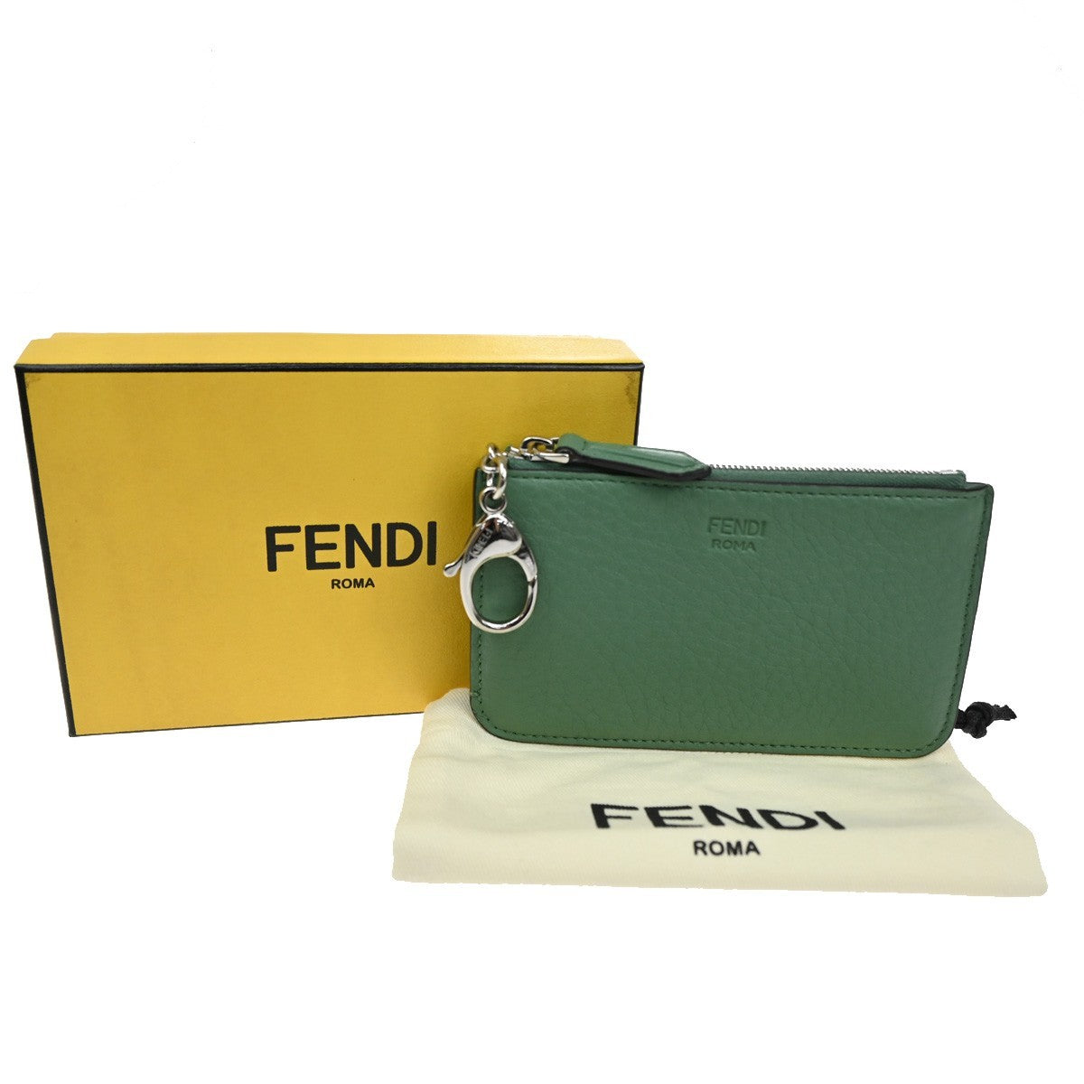 FENDI Logo Card Coin Case Compact Wallet Leather Green SHW Italy 38RL576