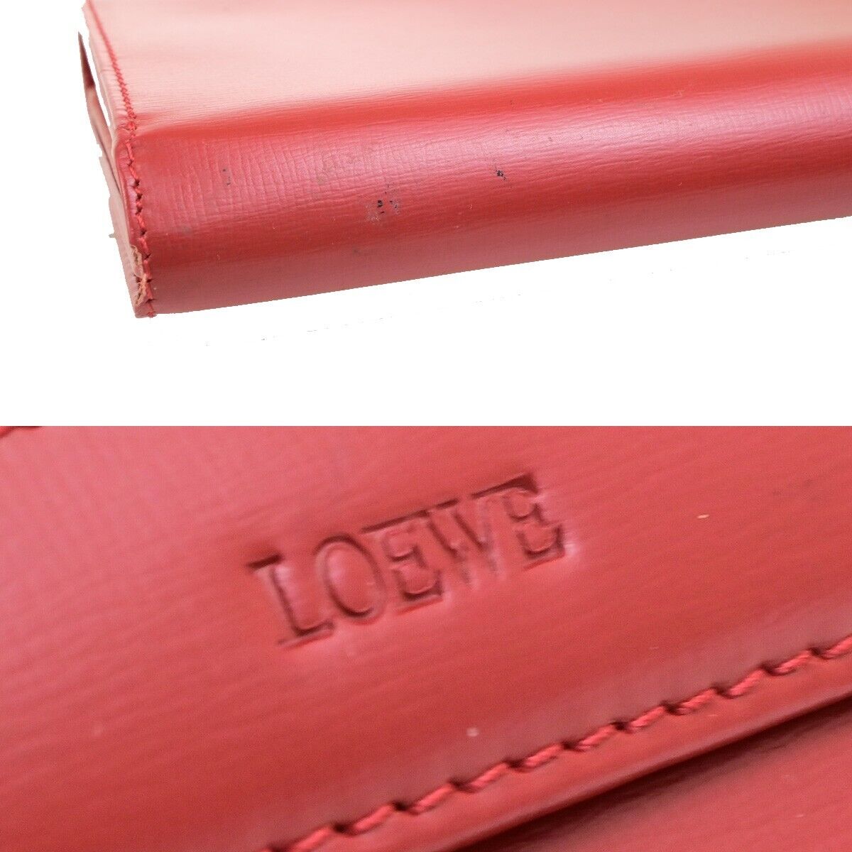 LOEWE Logo Trifold Wallet Purse Leather Red Made In Spain 66FB291