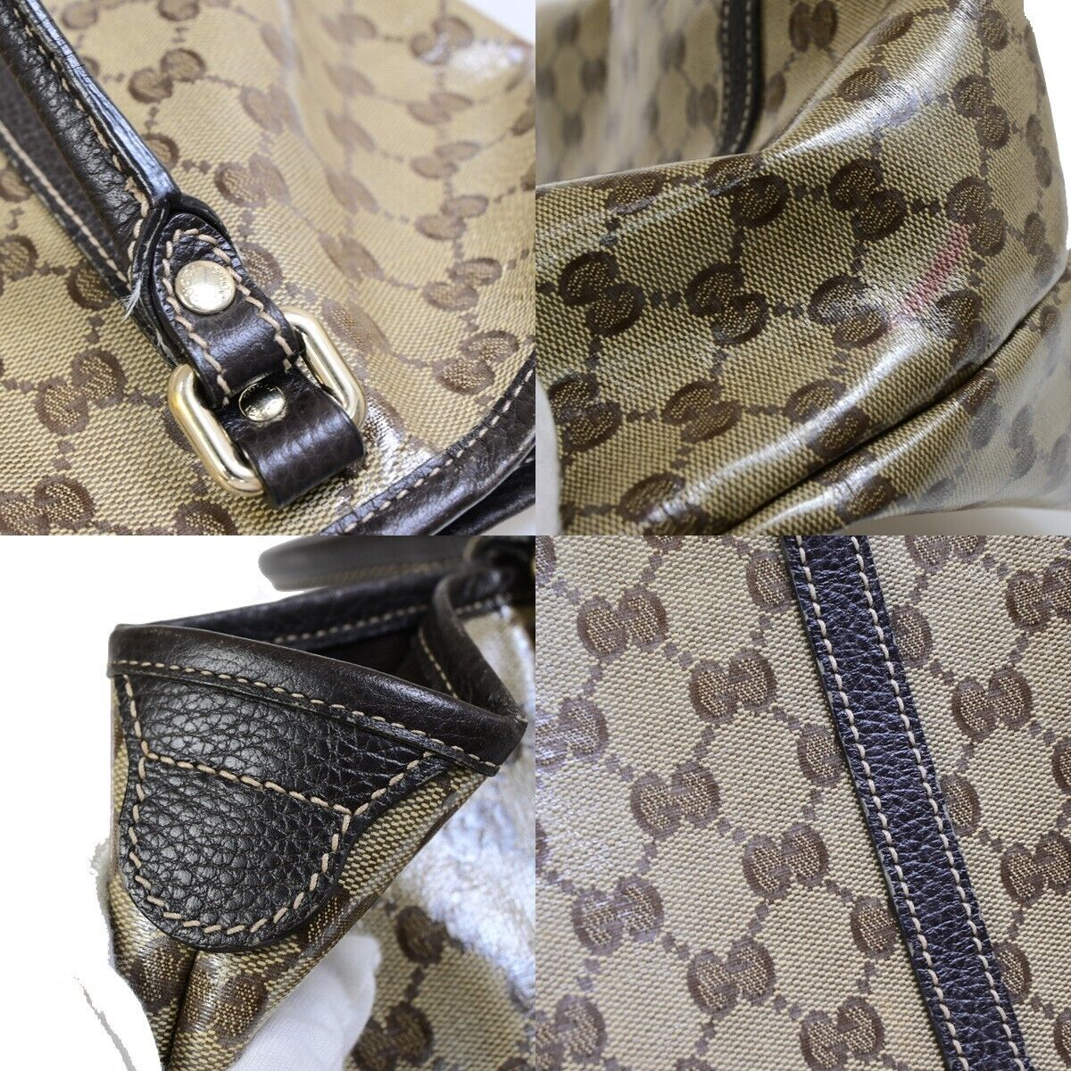GUCCI GG Canvas Crystal Tote Shoulder Bag Coating Leather Brown Italy 34FB073