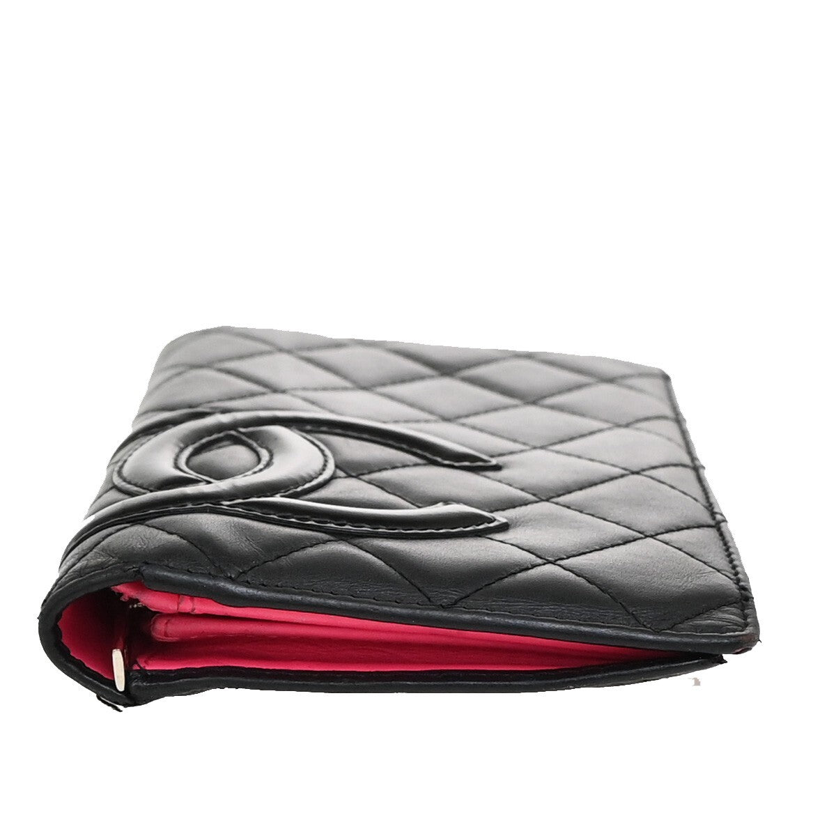 CHANEL CC Cambon Bifold Vertical Long Wallet Patent Leather Black Pink 67EE285