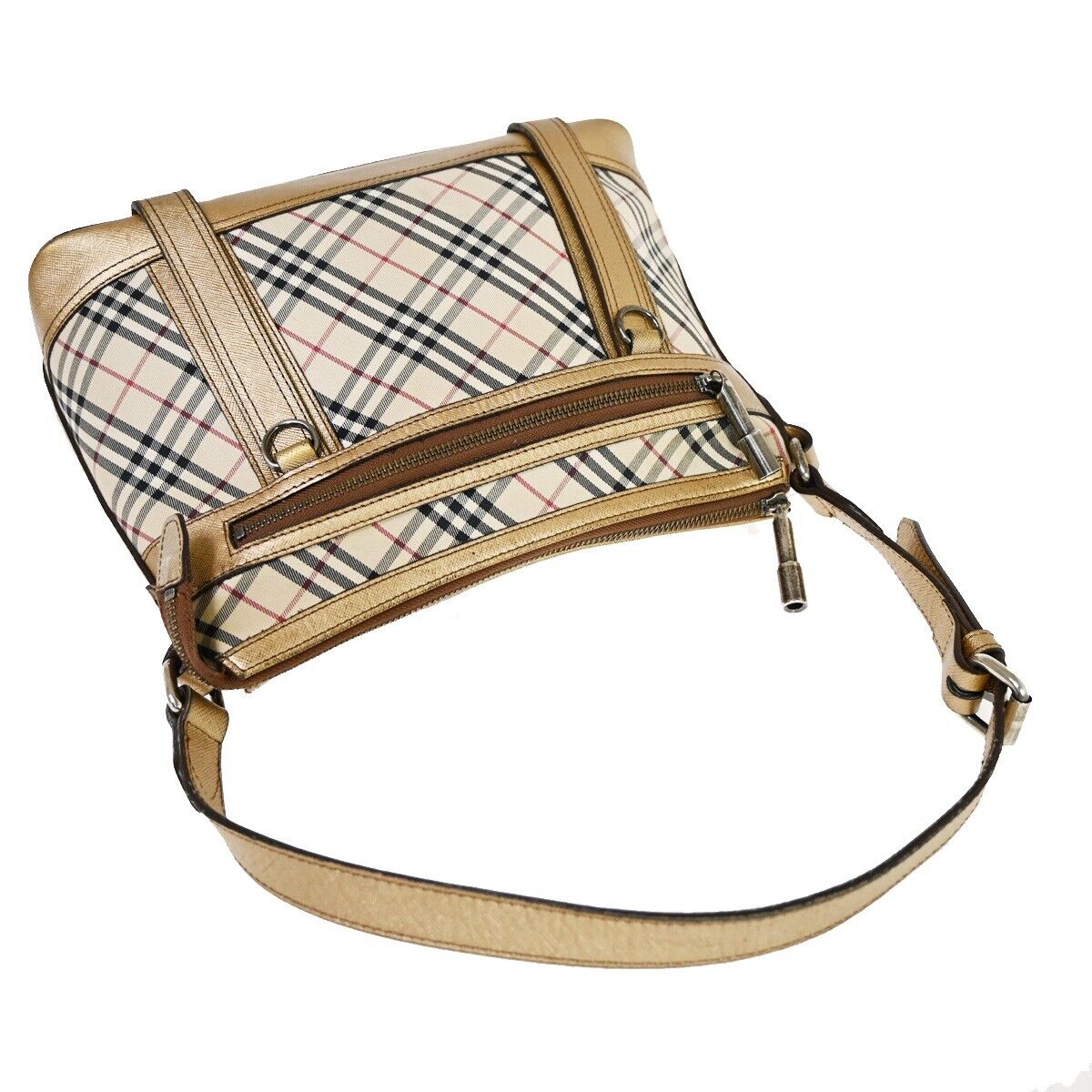BURBERRY Logo Nova Check Shoulder Bag Canvas Leather Beige Gold Silver 60HB657