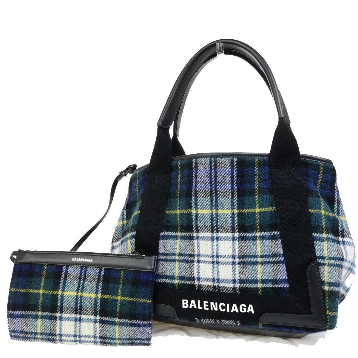 BALENCIAGA Navy Cabas S Hand Tote Bag Check Wool Leatehr Green Black 75KA432