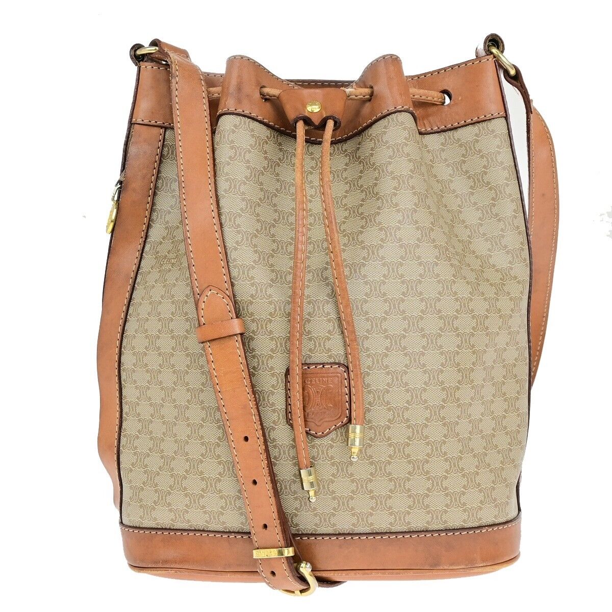 CELINE Logo Macadam Pattern Drawstring Shoulder Bag PVC Leather BN GHW 05ED368