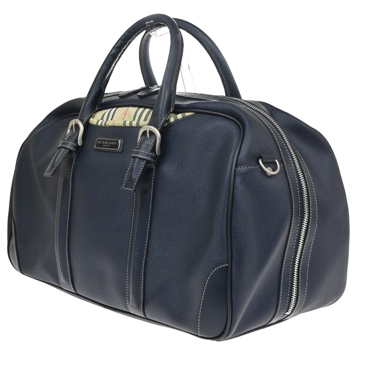 BURBERRY Golf Logo Nova Check Pattern Boston Bag Leather Navy Beige SHW 05CB019