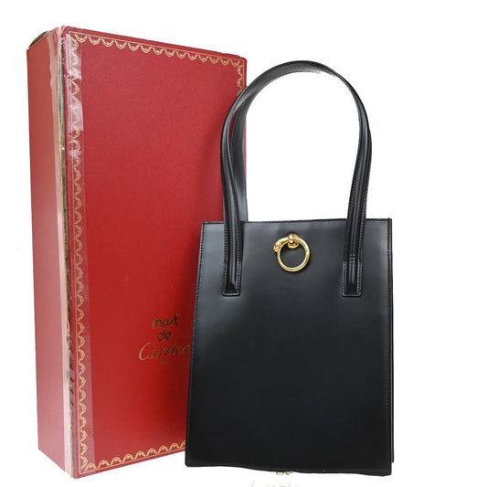 CARTIER Logo Panther Shoulder Hand Bag Leather Black GHW Made In Italy 34KP211