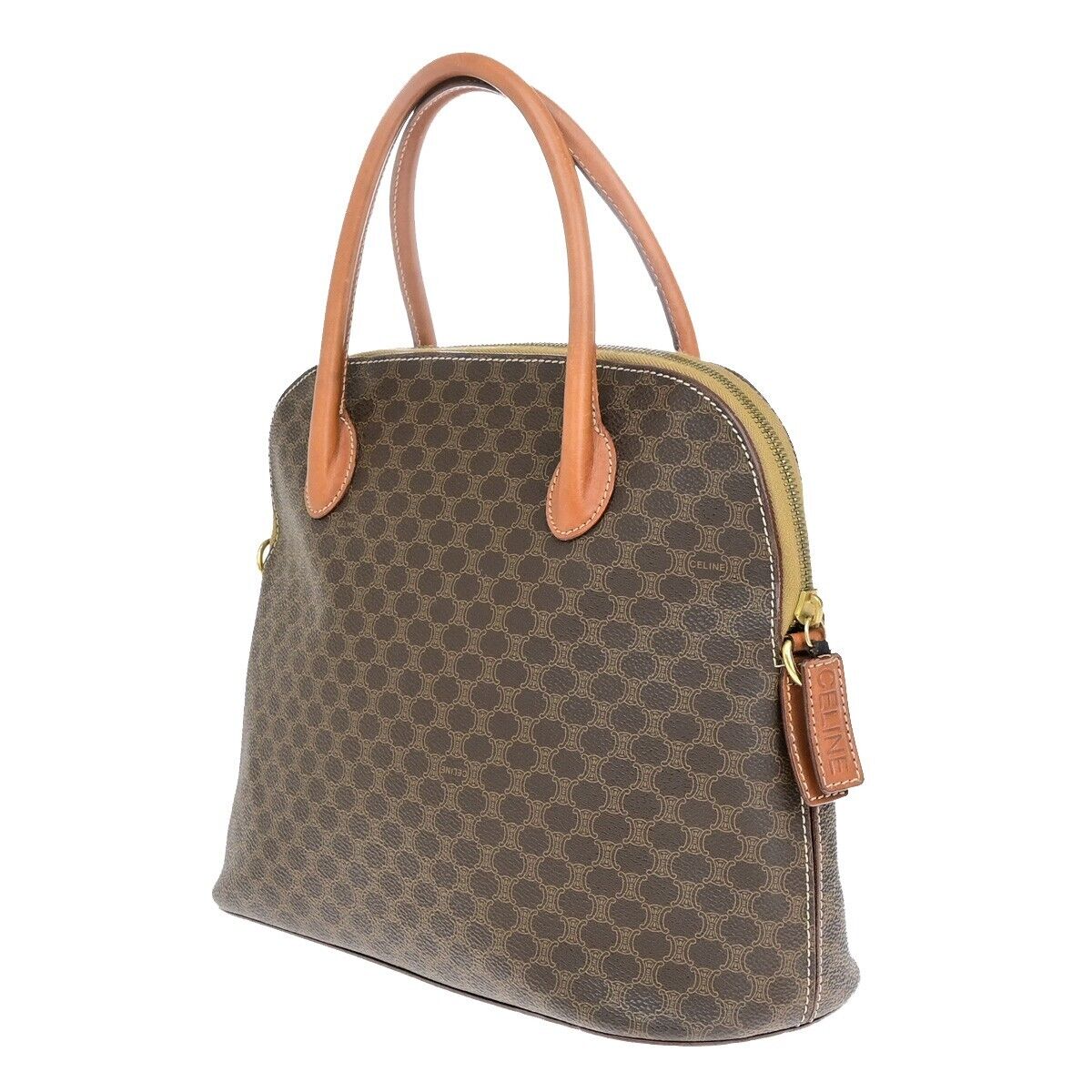 CELINE Logo Macadam Pattern Hand Bag PVC Leather Brown Gold Italy 64EB492