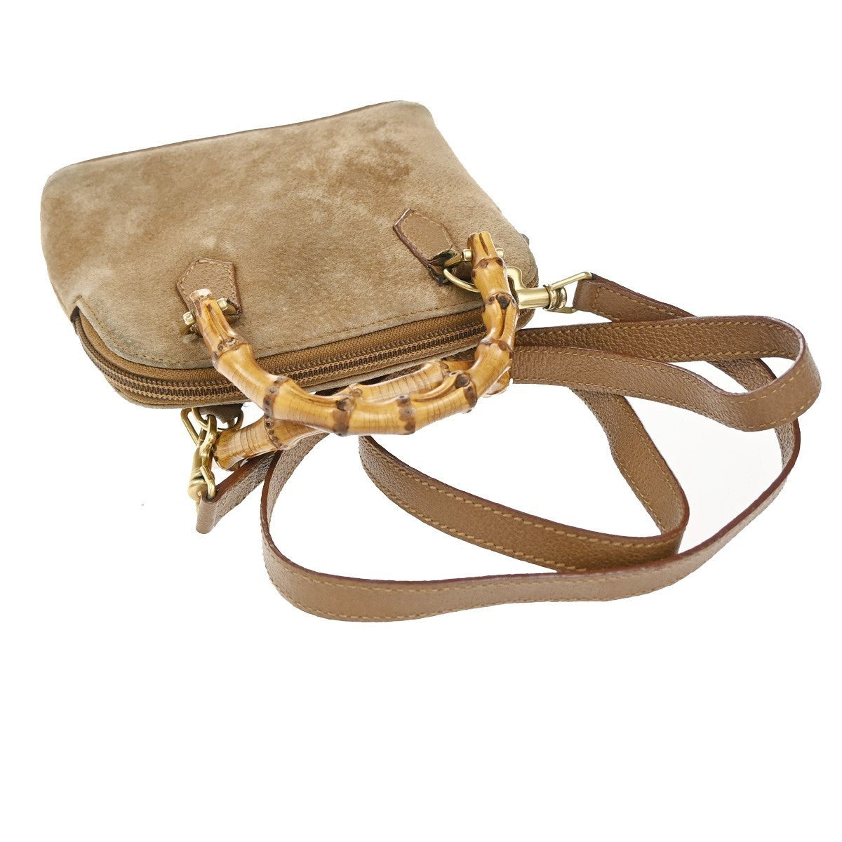 GUCCI Logo Bamboo 2Way Mini Shoulder Hand Bag Suede Leather Brown GHW 62EG353