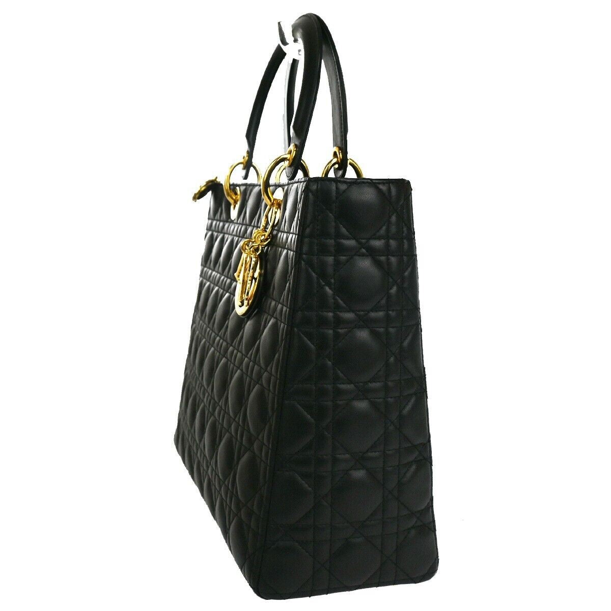 CHRISTIAN DIOR Lady Cannage Hand Tote Bag Leather Black Gold Italy 650RC585