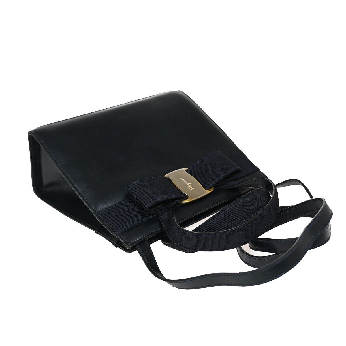 SALVATORE FERRAGAMO Logo Vara 2Way Shoulder Hand Bag Canvas Leather Blue 36FA535
