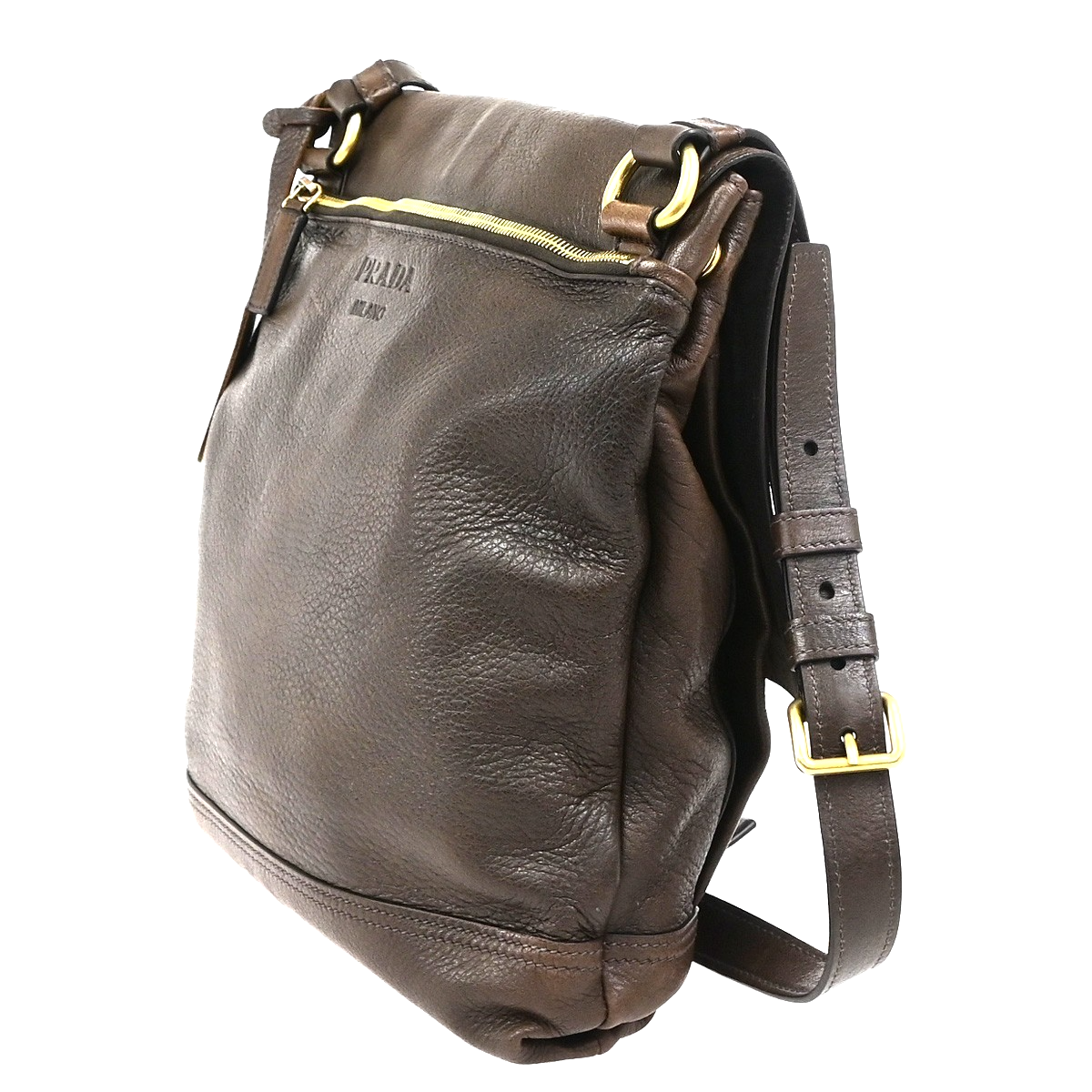 PRADA Logo Crossbody Messenger Shoulder Bag Leather Brown GHW Italy 87KD156