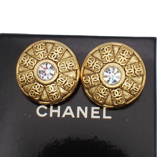 CHANEL CC Logo Rhinestone Round Button Earrings 23 Clip-On GHW Vintage 84YE513