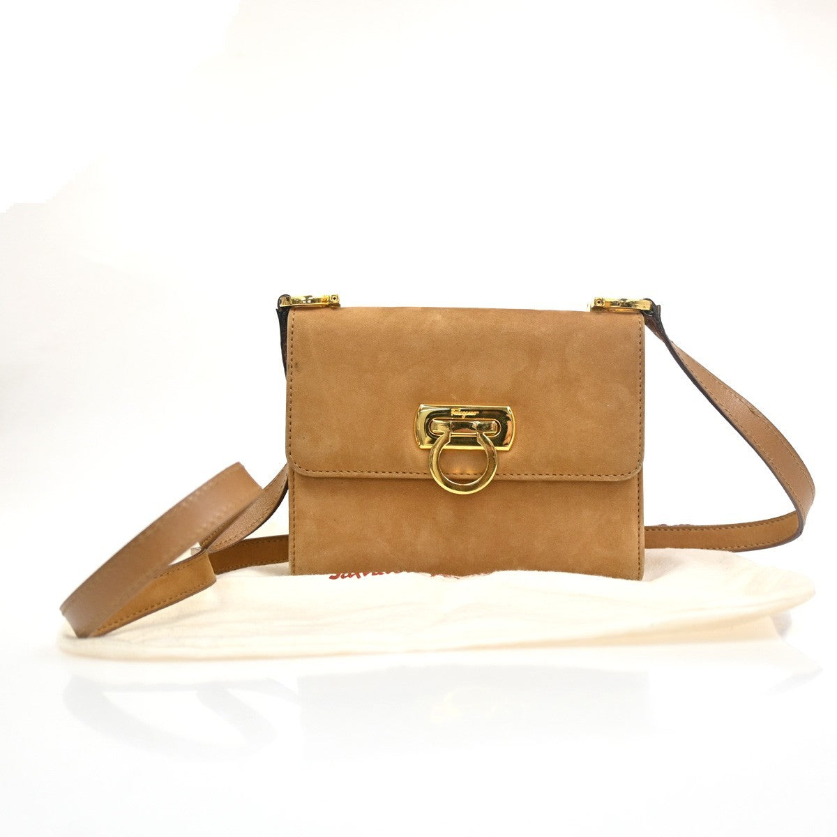 SALVATORE FERRAGAMO Gancini Mini Shoulder Bag Suede Leather Brown Italy 36ZA125