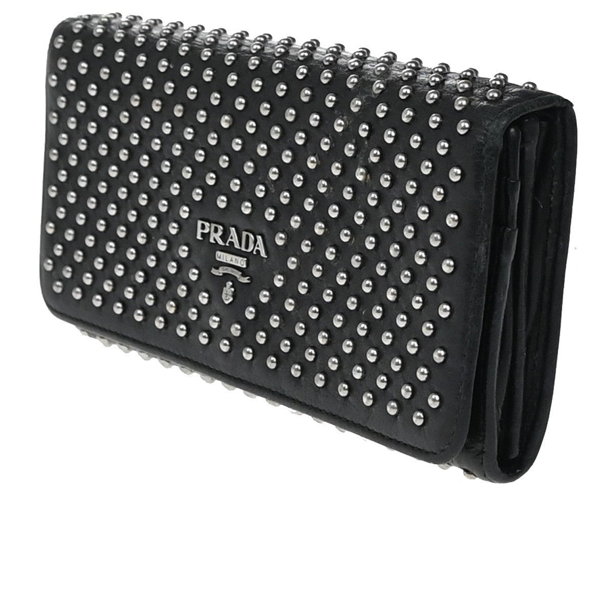 PRADA Studded Long Bifold Wallet Leather Black Silver Italy 02EG269