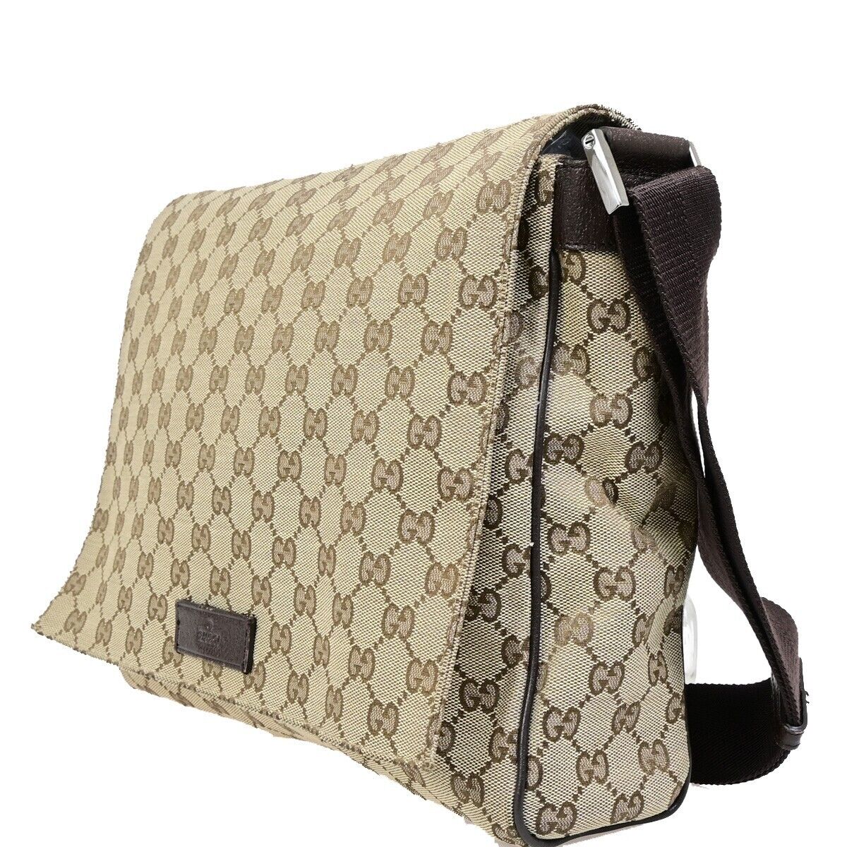 GUCCI Logo GG Pattern Shoulder Bag Canvas Leather Brown Silver Italy 80EB802