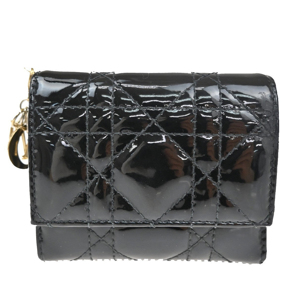 CHRISTIAN DIOR Cannage Trifold Compact Wallet Patent Leather Black GHW 35TA317