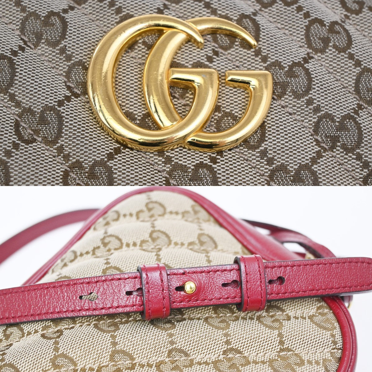 GUCCI Marmont GG Pattern Chain Shoulder Bag Canvas Leather Brown Red 600KB508
