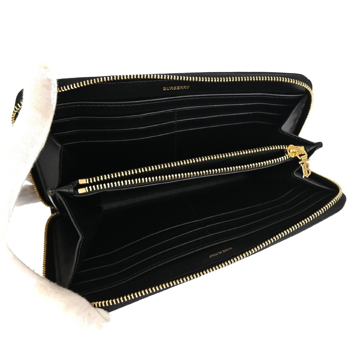 BURBERRY Logo  Zipper Long Wallet Purse Leather Black Gold Italy 31KA118