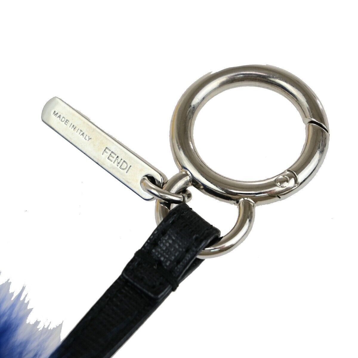 FENDI Logo Pompom Bag Charm Key Ring Chain Fur Leather Blue White SHW 04KA449