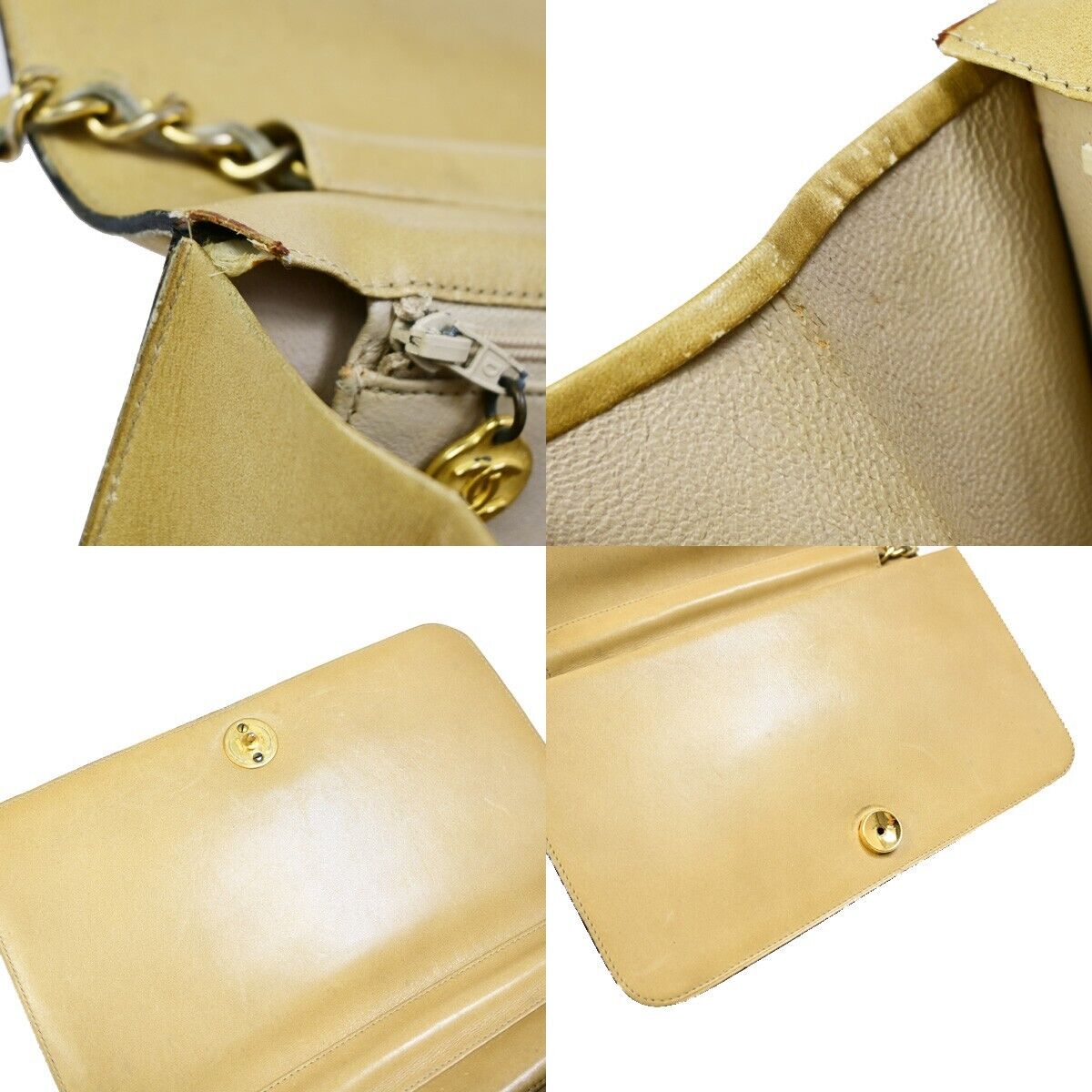 CHANEL CC Logo Chain Shoulder Bag Leather Beige GHW France Vintage 605EB035