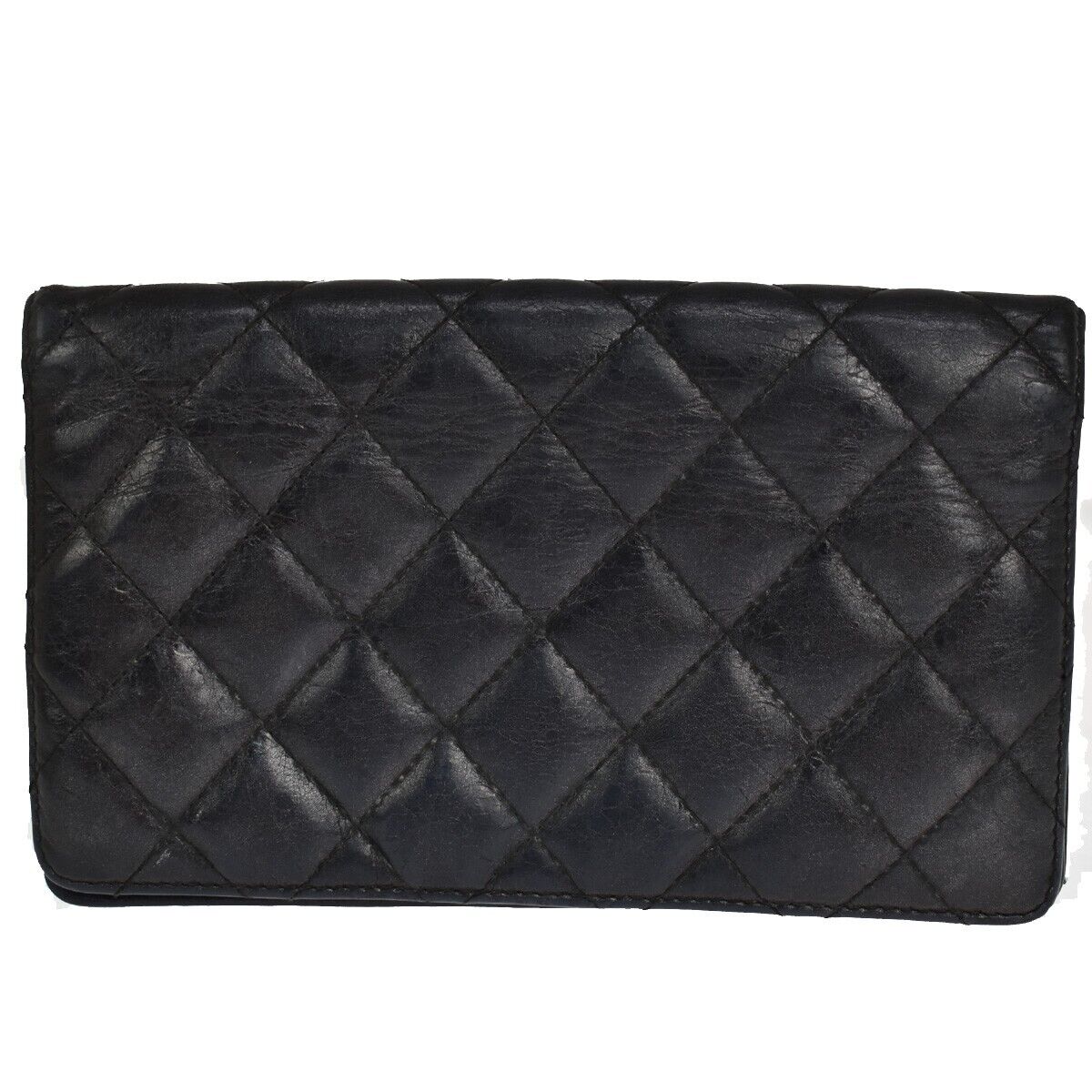 CHANEL CC Logo Matelasse Bifold Long Wallet Purse Leather Black France 60SH438