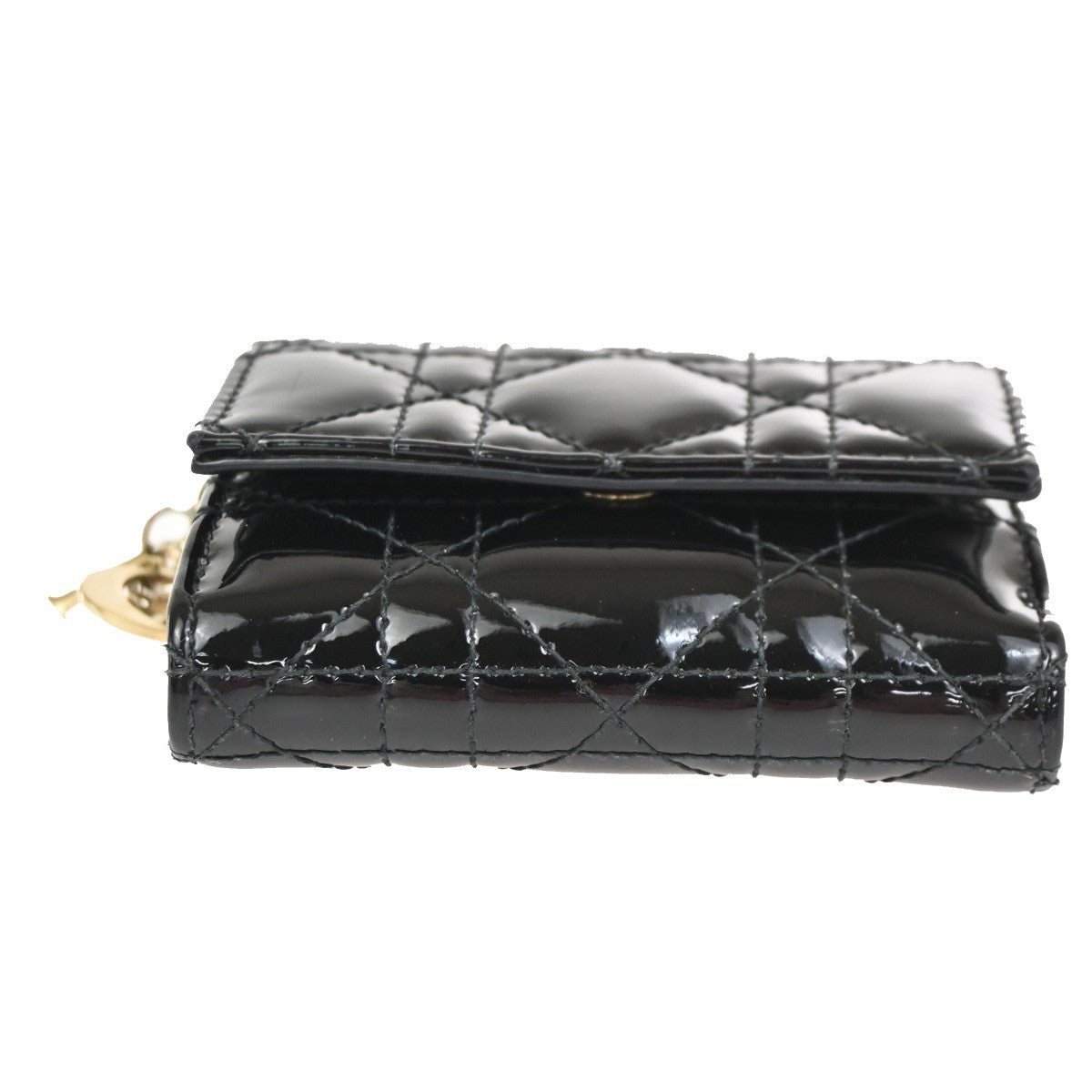 CHRISTIAN DIOR Logo Cannage Trifold Compact Wallet Patent Leather Black 34KC613