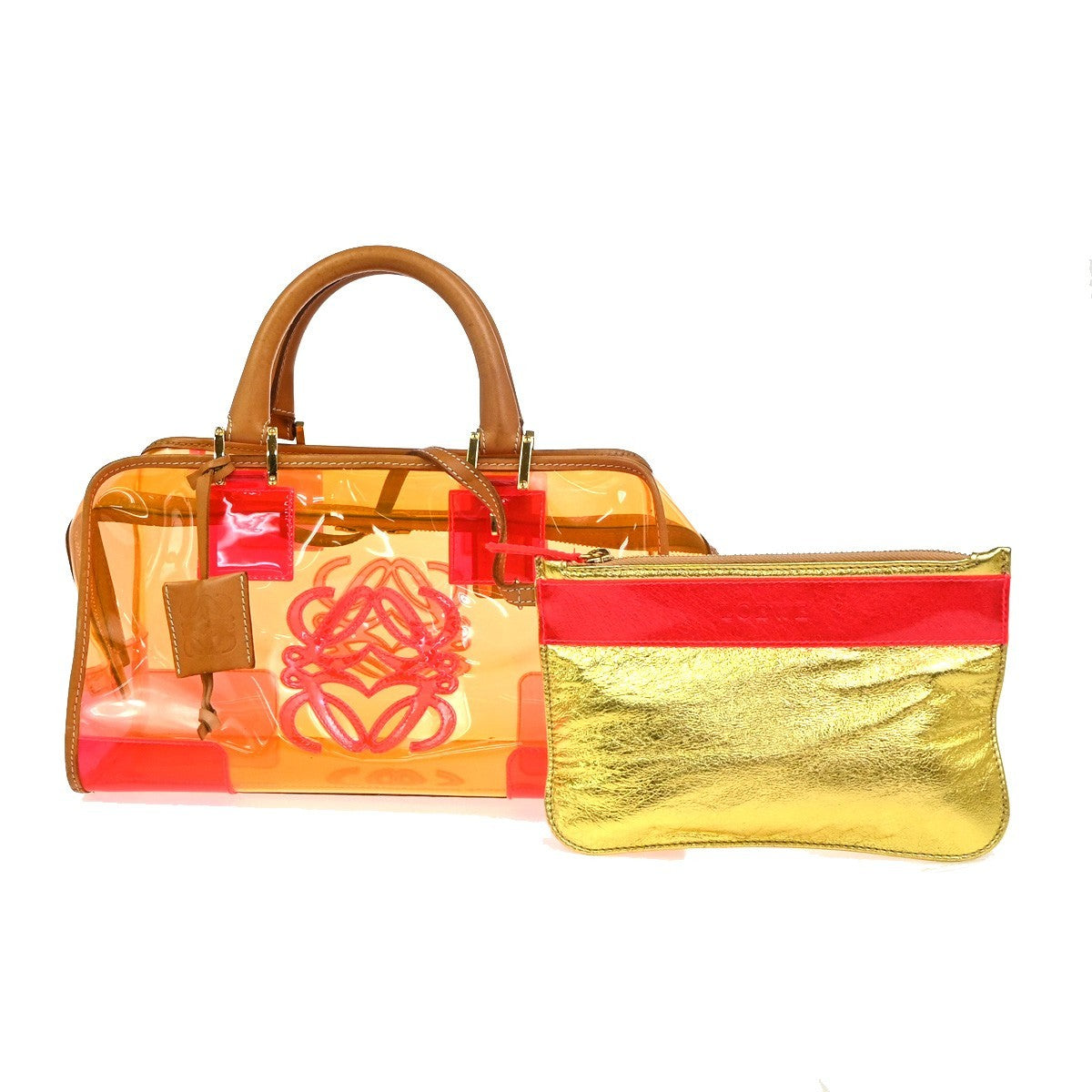 LOEWE Anagram Logo Amazona 28 Hand Bag Pouch Vinyl Leather Orange PK GHW 12RL927