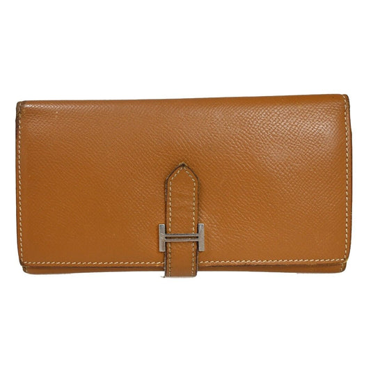 HERMES Logo Bearn Long Trifold Wallet Purse Chevre Leather Brown France 36GA820