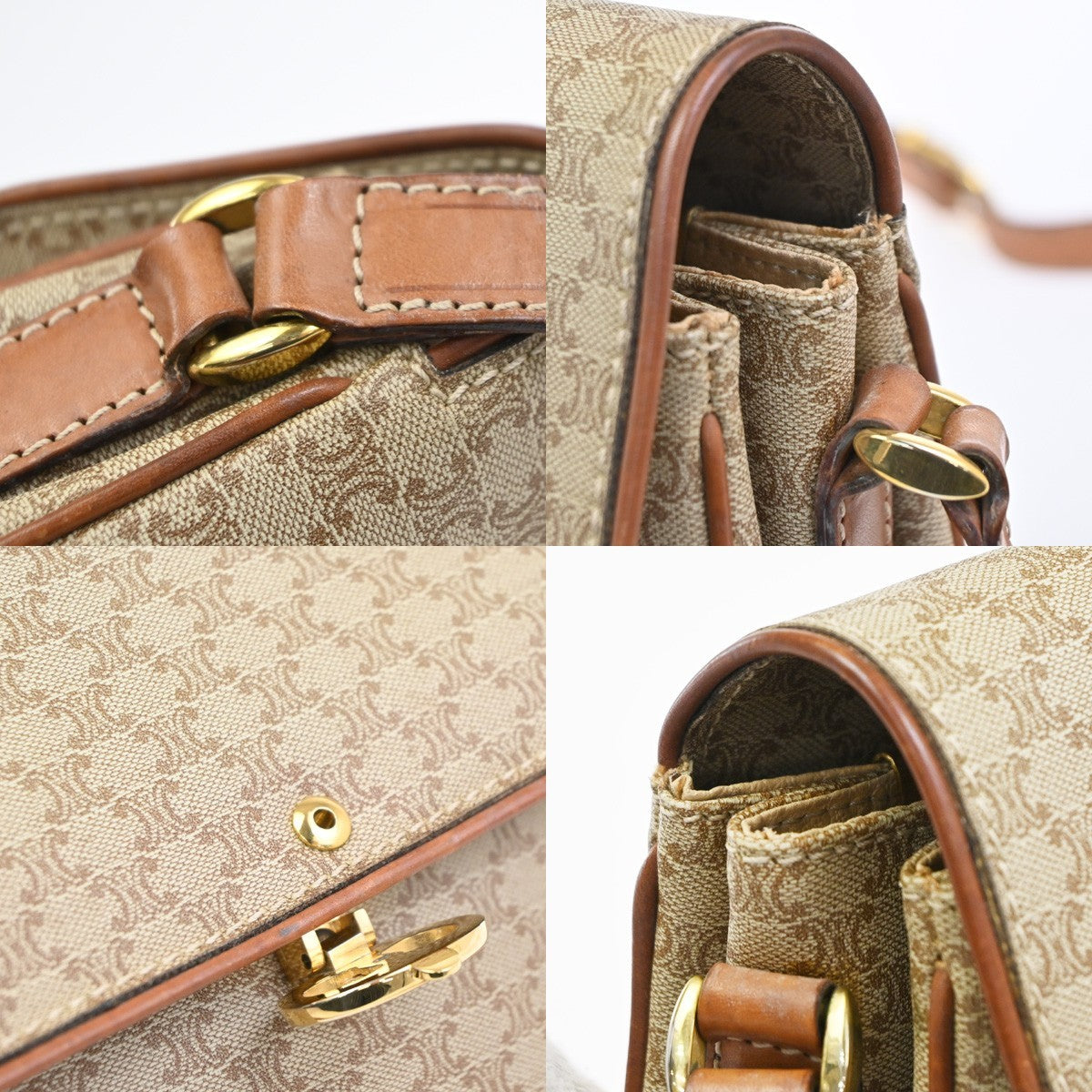 CELINE Logo Macadam Pattern Shoulder Bag PVC Leather Beige GHW Italy 67CA718
