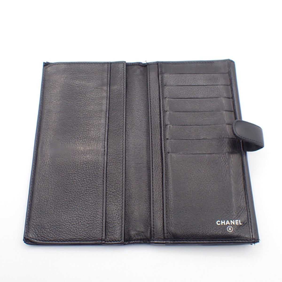 CHANEL CC Logo Camellia Long Bifold Wallet Purse Leather Black SHW 09KC573