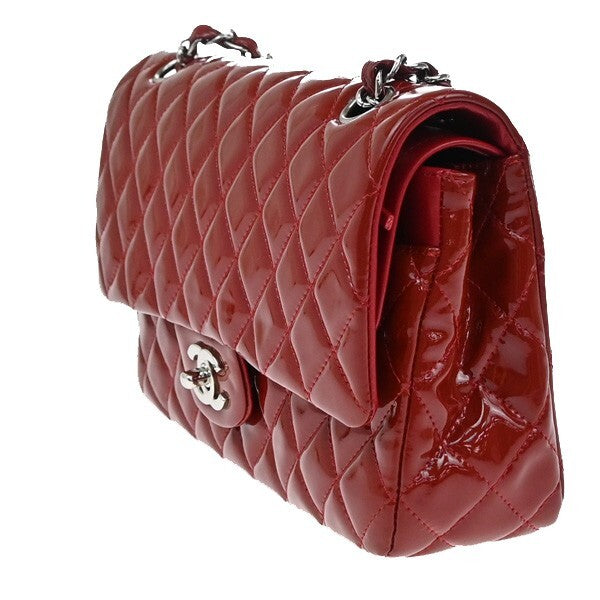 CHANEL Matelasse 25 Double Flap Chain Shoulder Bag Patent Leather Red 339RF259