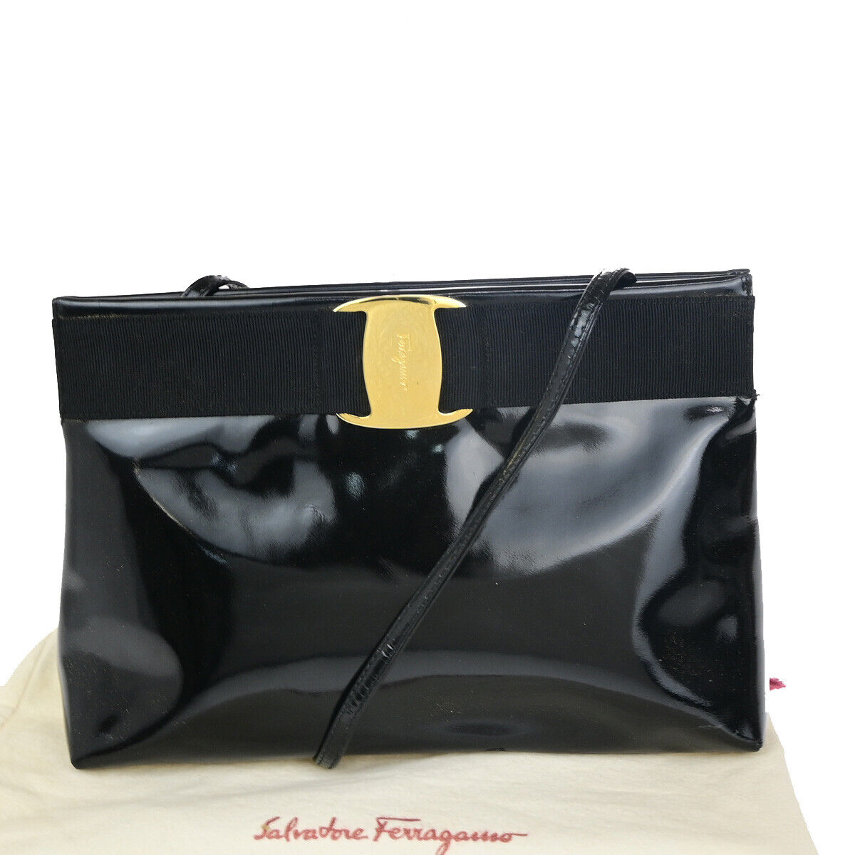 SALVATORE FERRAGAMO Vara 2Way Shoulder Clutch Bag Patent Leather BK GHW 07YF353