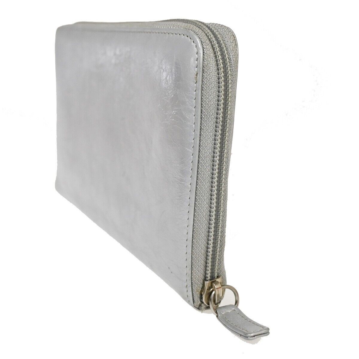 CHANEL CC Ribbon Around Zipper Bifold Wallet Purse Leather Silver SHW 60YD723