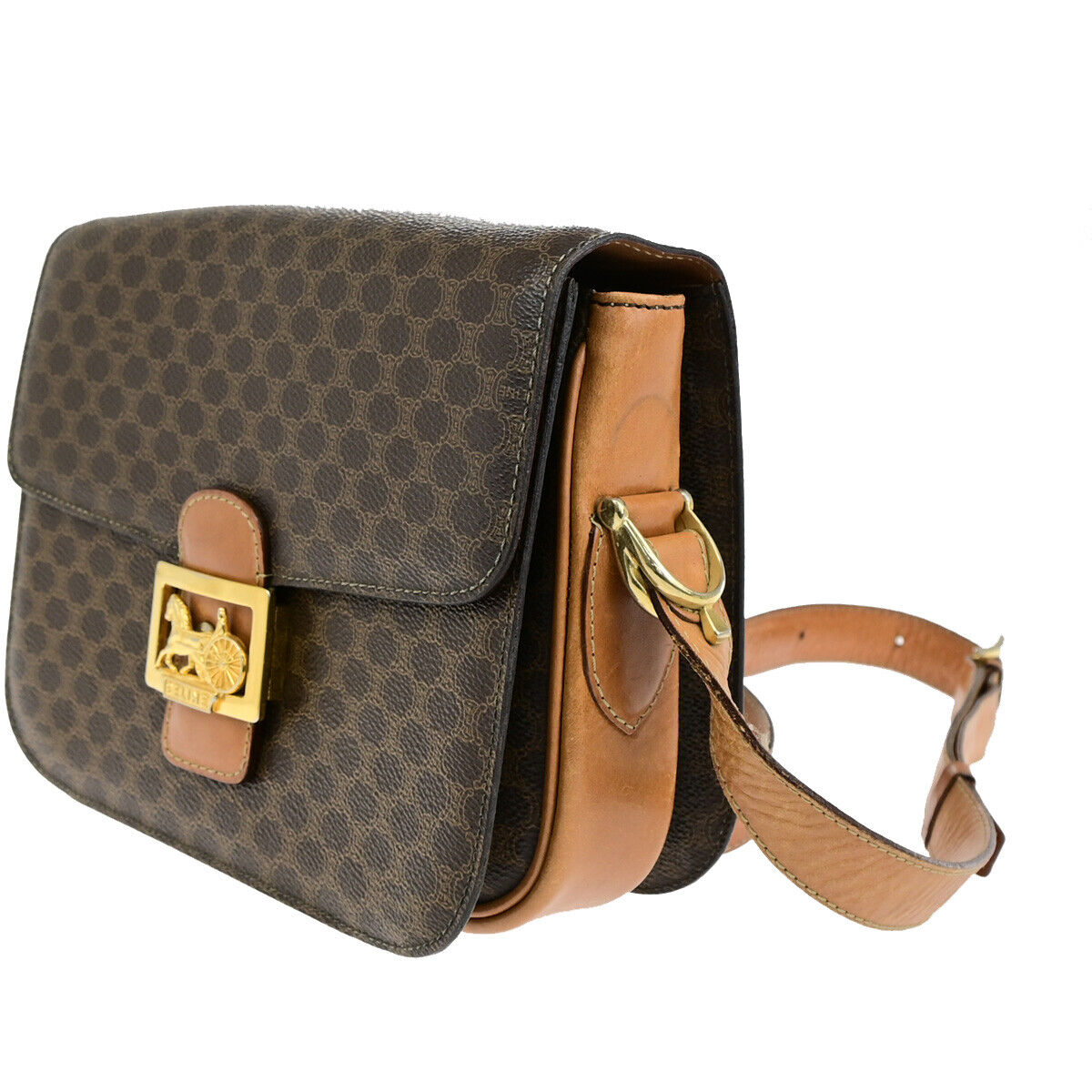 CELINE Macadam Pattern Horse Carriage Shoulder Bag PVC Leather Brown GHW 98YG603